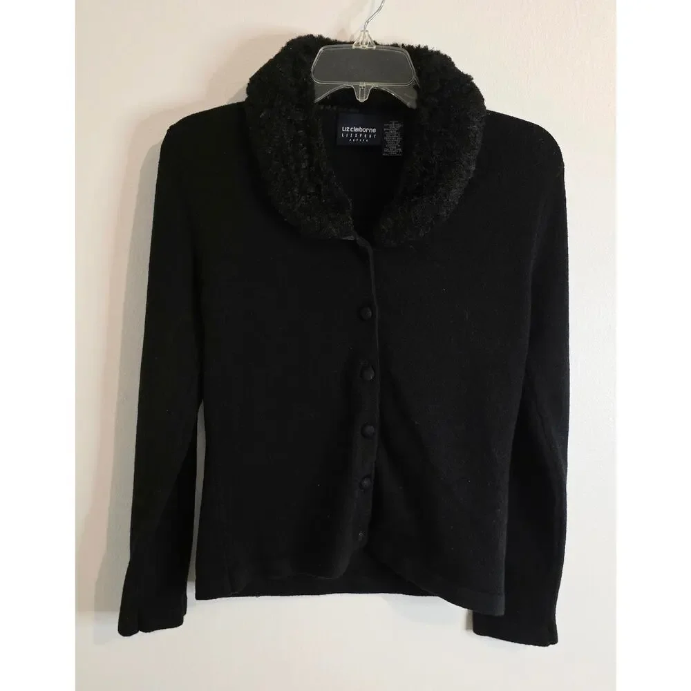 Liz Claiborne Faux Fur Collar Cardigan Sweater Black Petite Size Tag Removed